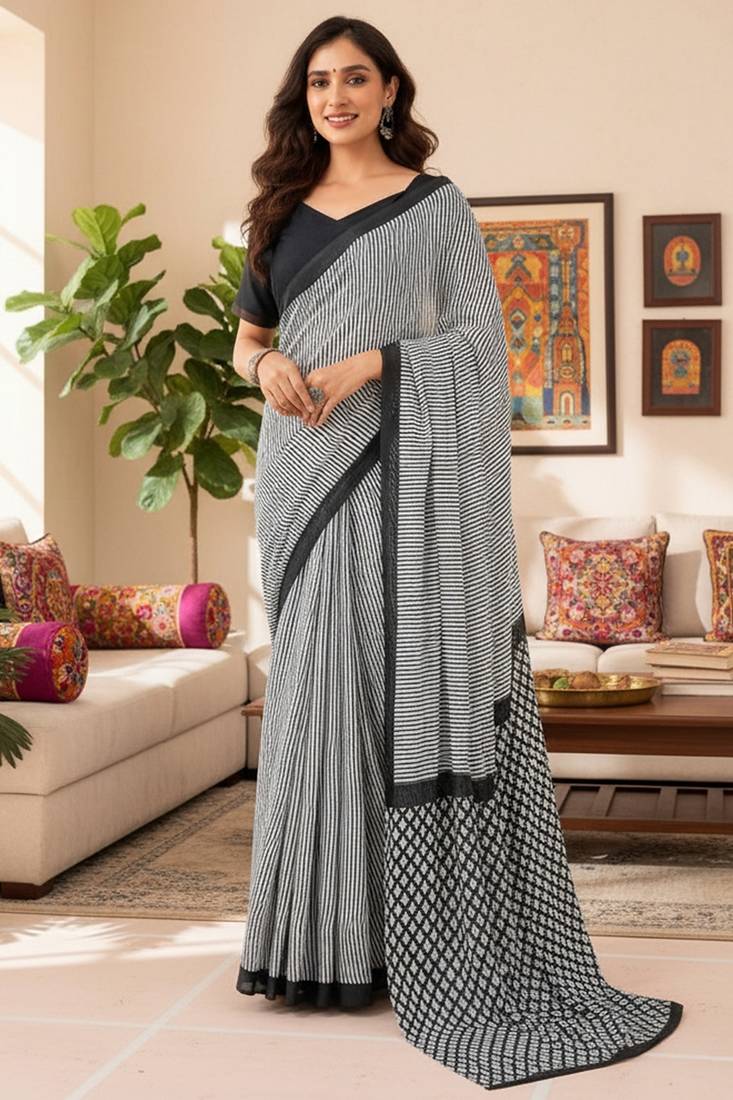 Grey striped print soft pure cotton saree with blouse.
