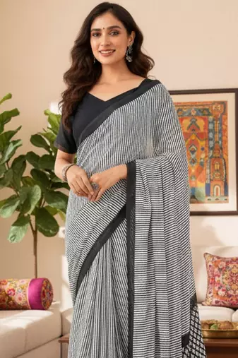 Grey striped print soft pure cotton saree with blouse.