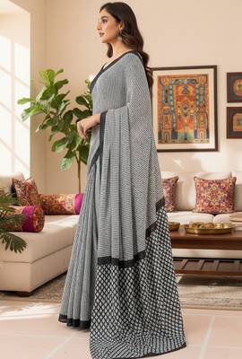 Grey striped print soft pure cotton saree with blouse. 3