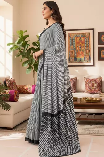 Grey striped print soft pure cotton saree with blouse.