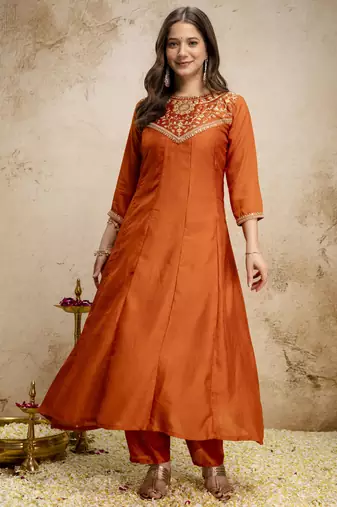 Trending orange embroidered flared vichitra silk blend kurta pant set with dupatta for women