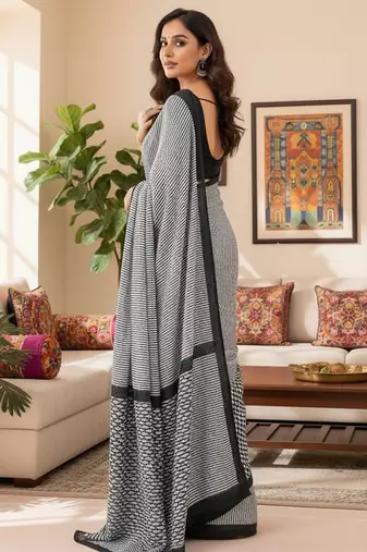 Grey striped print soft pure cotton saree with blouse.