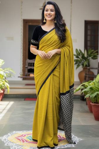 Lime green striped print soft pure cotton saree with blouse.