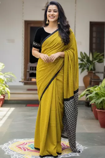 Lime green striped print soft pure cotton saree with blouse.