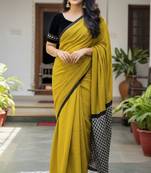 Lime green striped print soft pure cotton saree with blouse.