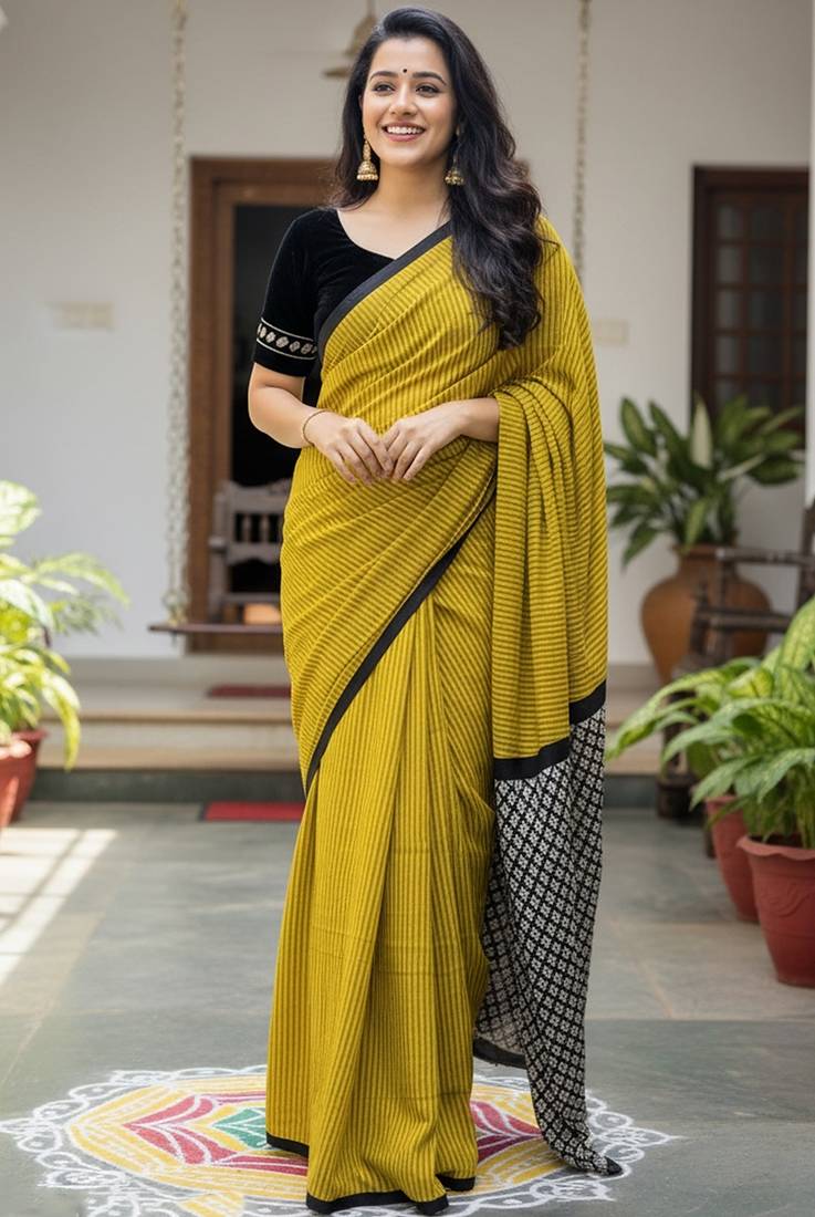 Lime green striped print soft pure cotton saree with blouse.