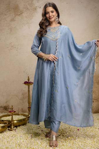 Trending aqua blue embroidered flared vichitra silk kurta pant set with dupatta for women