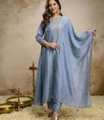 Trending aqua blue embroidered flared vichitra silk kurta pant set with dupatta for women
