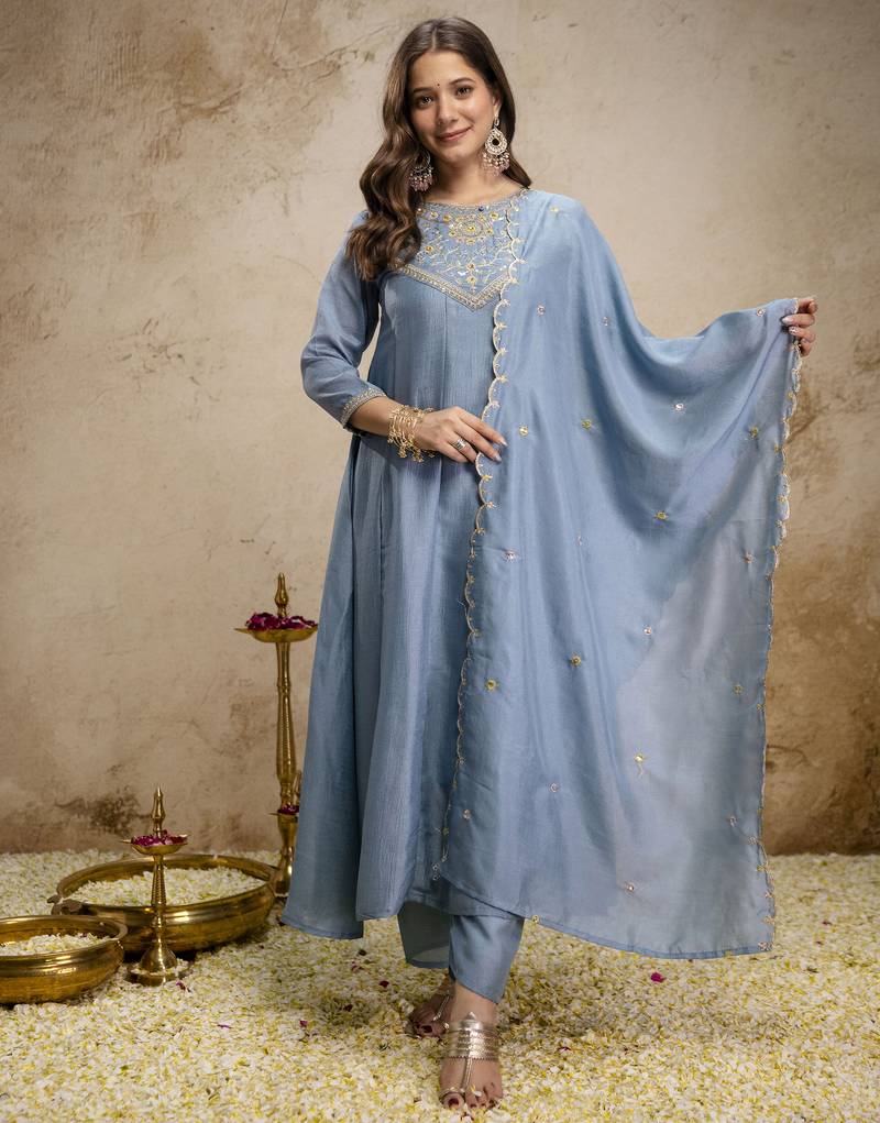 Trending aqua blue embroidered flared vichitra silk kurta pant set with dupatta for women