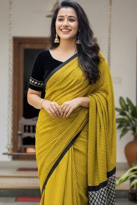 Lime green striped print soft pure cotton saree with blouse. 2
