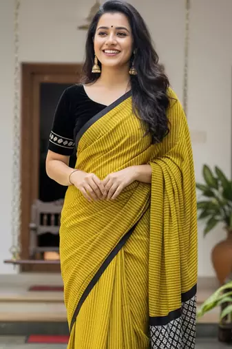 Lime green striped print soft pure cotton saree with blouse.