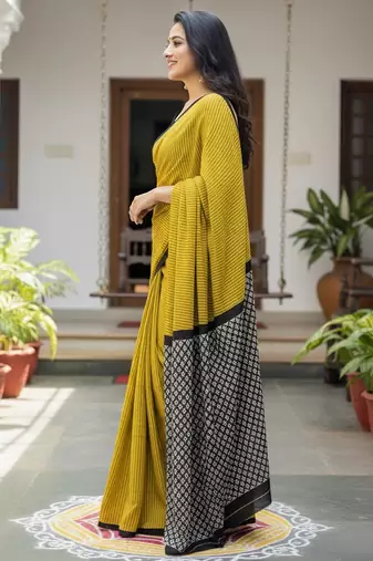 Lime green striped print soft pure cotton saree with blouse.