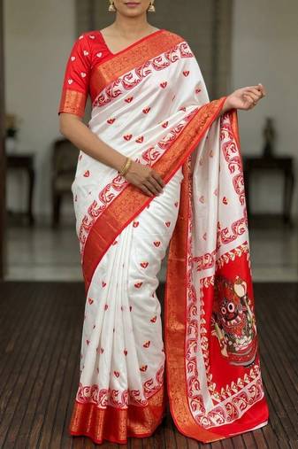 White Color Digital printing Durga Pooja Work Lichi Silk Saree