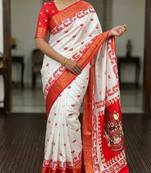 White Color Digital printing Durga Pooja Work Lichi Silk Saree