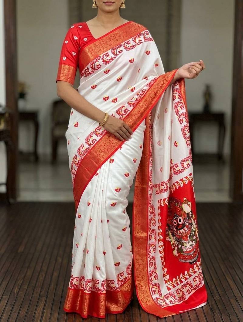 White Color Digital printing Durga Pooja Work Lichi Silk Saree