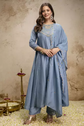 Trending aqua blue embroidered flared vichitra silk kurta pant set with dupatta for women
