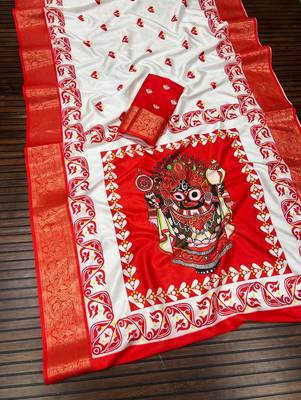 White Color Digital printing Durga Pooja Work Lichi Silk Saree 2