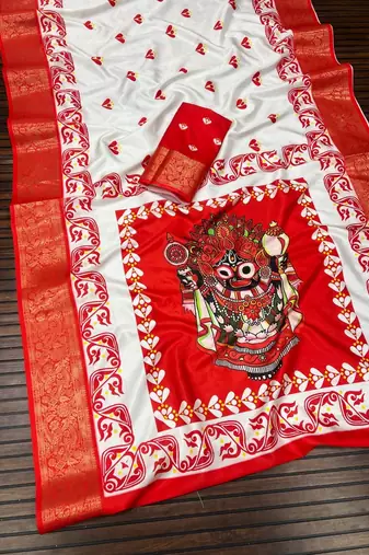 White Color Digital printing Durga Pooja Work Lichi Silk Saree