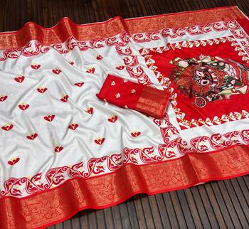 White Color Digital printing Durga Pooja Work Lichi Silk Saree 3