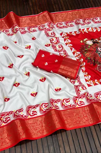 White Color Digital printing Durga Pooja Work Lichi Silk Saree
