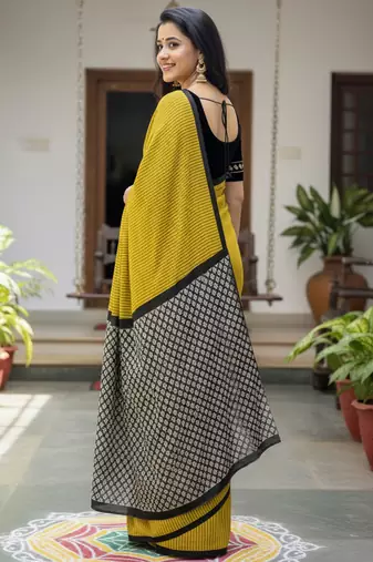 Lime green striped print soft pure cotton saree with blouse.