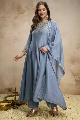 Trending aqua blue embroidered flared vichitra silk kurta pant set with dupatta for women