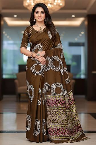 Brown ajrakh bandhej handblock print  mulmul cotton saree with blouse.
