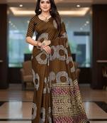 Brown ajrakh bandhej handblock print  mulmul cotton saree with blouse.