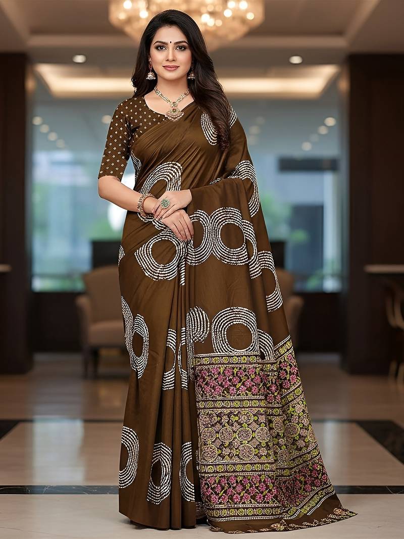 Brown ajrakh bandhej handblock print  mulmul cotton saree with blouse.