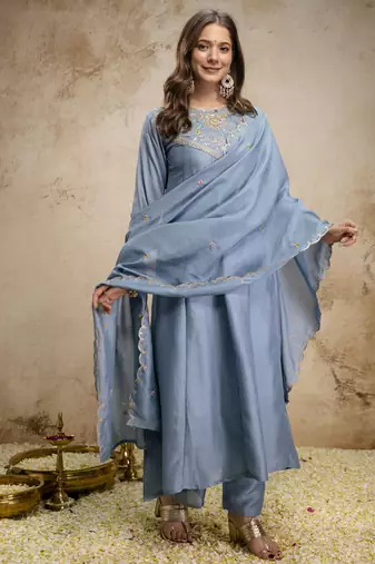 Trending aqua blue embroidered flared vichitra silk kurta pant set with dupatta for women