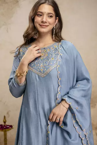 Trending aqua blue embroidered flared vichitra silk kurta pant set with dupatta for women