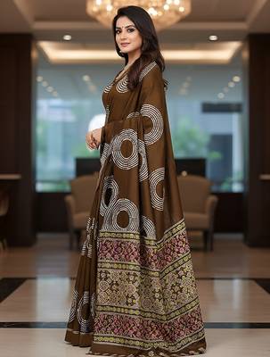 Brown ajrakh bandhej handblock print  mulmul cotton saree with blouse. 3