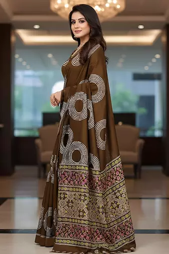 Brown ajrakh bandhej handblock print  mulmul cotton saree with blouse.