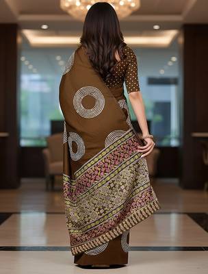 Brown ajrakh bandhej handblock print  mulmul cotton saree with blouse. 4