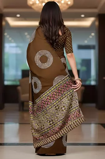 Brown ajrakh bandhej handblock print  mulmul cotton saree with blouse.
