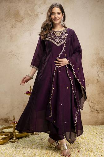 Trending wine embroidered flared vichitra silk kurta pant set with dupatta for women