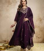Trending wine embroidered flared vichitra silk kurta pant set with dupatta for women