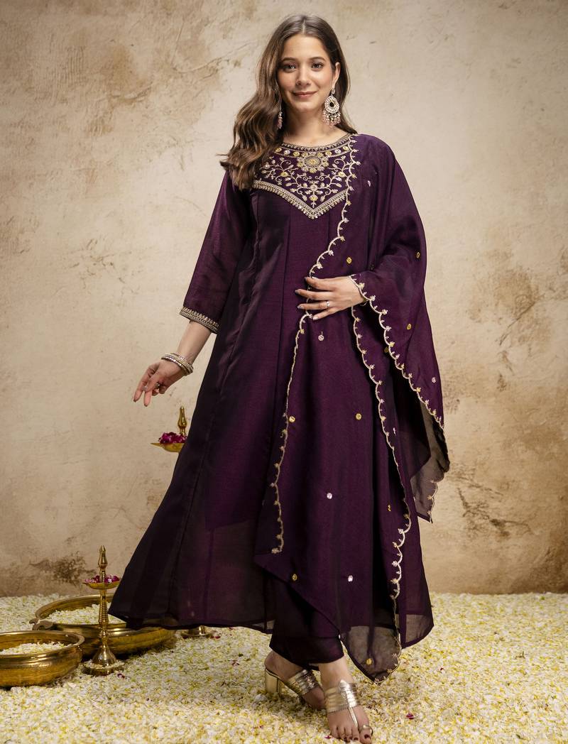 Trending wine embroidered flared vichitra silk kurta pant set with dupatta for women
