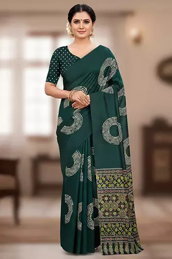 Green ajrakh bandhej handblock print  mulmul cotton saree with blouse.