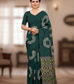 Green ajrakh bandhej handblock print  mulmul cotton saree with blouse.