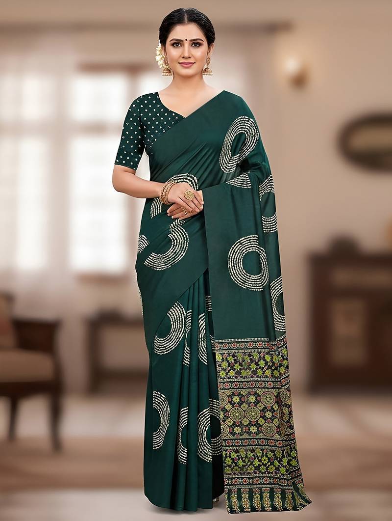 Green ajrakh bandhej handblock print  mulmul cotton saree with blouse.