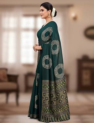 Green ajrakh bandhej handblock print  mulmul cotton saree with blouse. 3