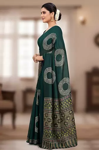 Green ajrakh bandhej handblock print  mulmul cotton saree with blouse.