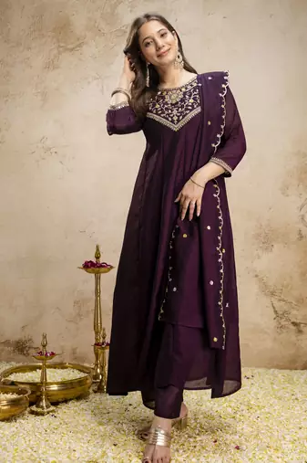 Trending wine embroidered flared vichitra silk blend kurta pant set with dupatta for women
