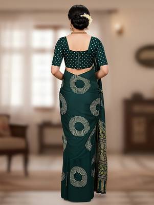 Green ajrakh bandhej handblock print  mulmul cotton saree with blouse. 4