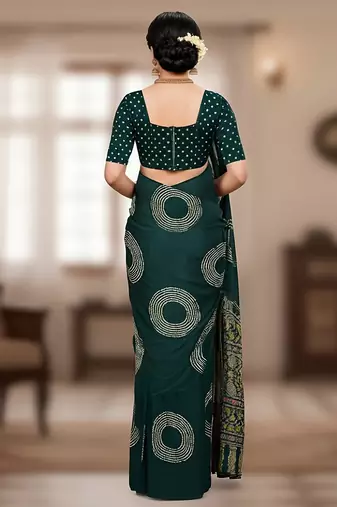 Green ajrakh bandhej handblock print  mulmul cotton saree with blouse.