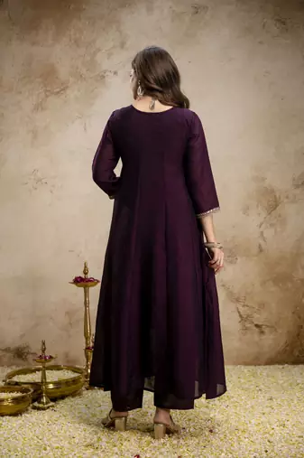Trending wine embroidered flared vichitra silk blend kurta pant set with dupatta for women