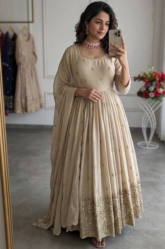 Cream chinon silk party wear embroidery anarkali suit set