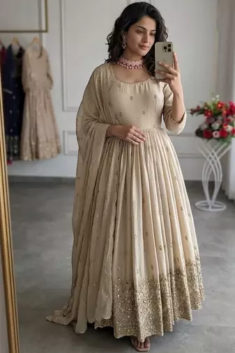 Cream chinon silk party wear embroidery anarkali suit set