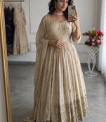 Cream chinon silk party wear embroidery anarkali suit set